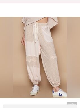 374 POL Waffle Patchwork Joggers in Pink And Taupe